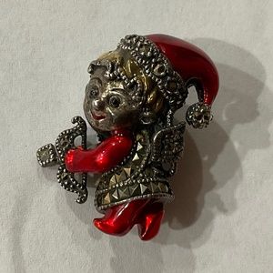 Vintage Judith Jack Sterling Christmas Cupid Marcasite Enamel Brooch